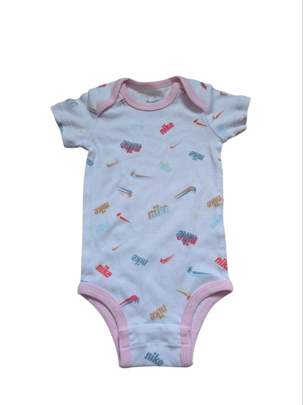 0-6 Month Nike White Baby One-Piece with Multicolor Swoosh Print and Pink Trim